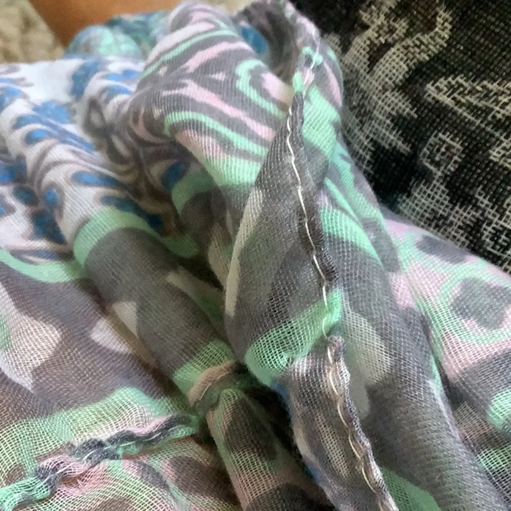 Infinity scarf blue pink turquoise and gray one size 100% polyester versatile
